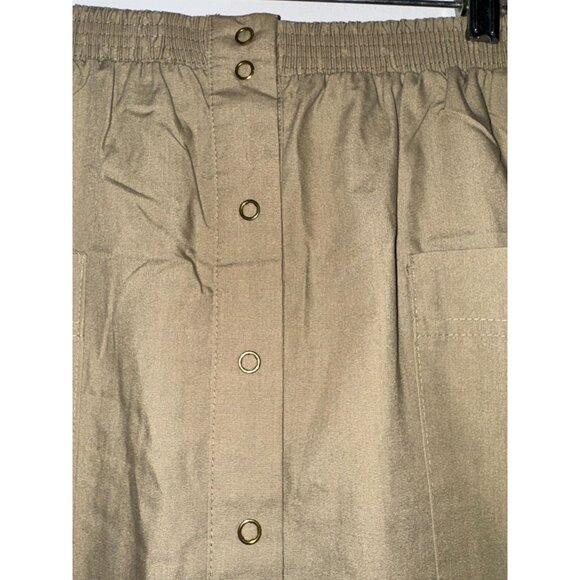 Vintage Liberated Lady Elastic Waist Khaki A-Line Midi Skirt With Snap Button Fr - Picture 2 of 7